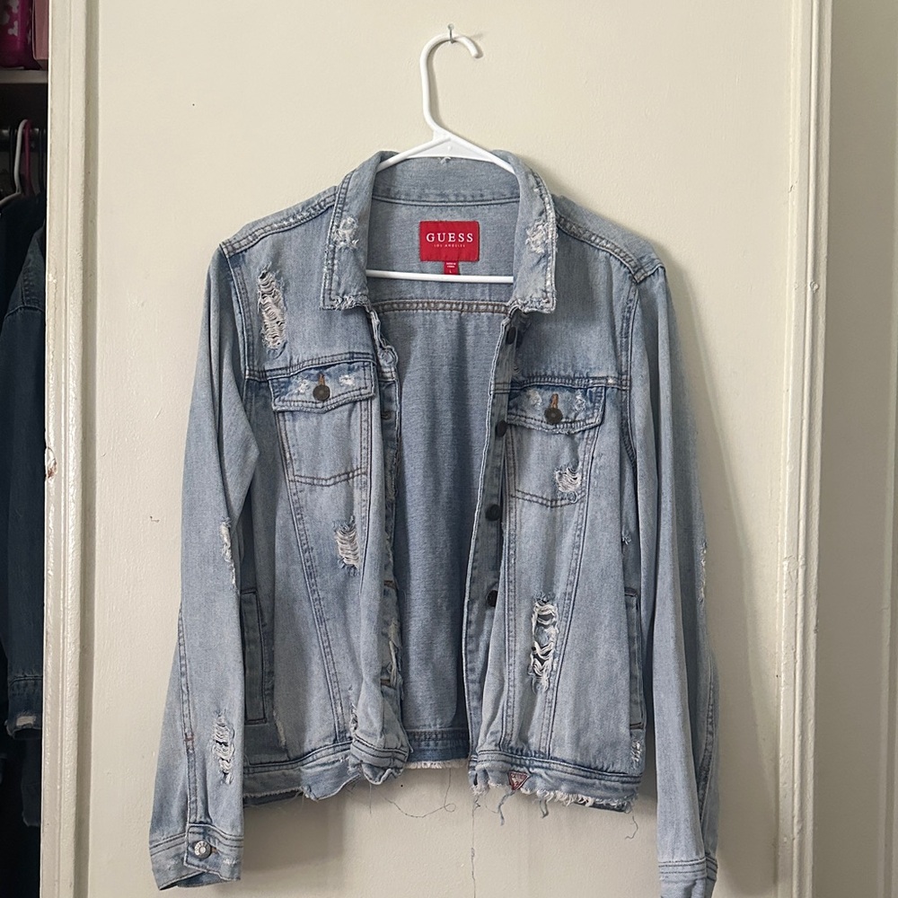 Guess Women's Distressed Light Blue Jean Jacket
